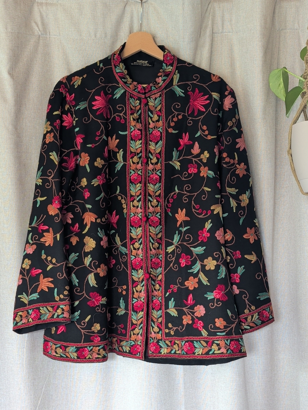 Natural Black Embroidered Floral Jacket with Pink & Green Accents
